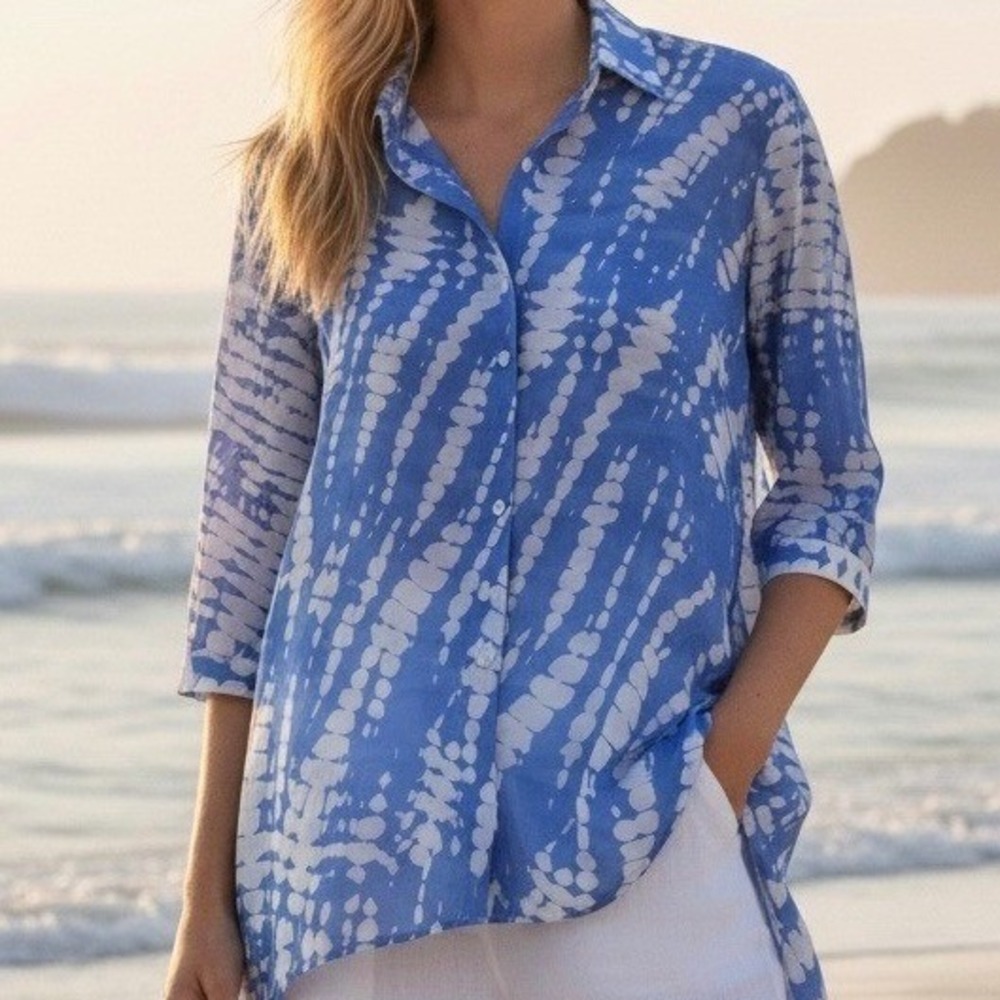 Chico's Blue White Tie Dye High Low Tunic Button Down Shirt Size 2/US Lg 12 Boho